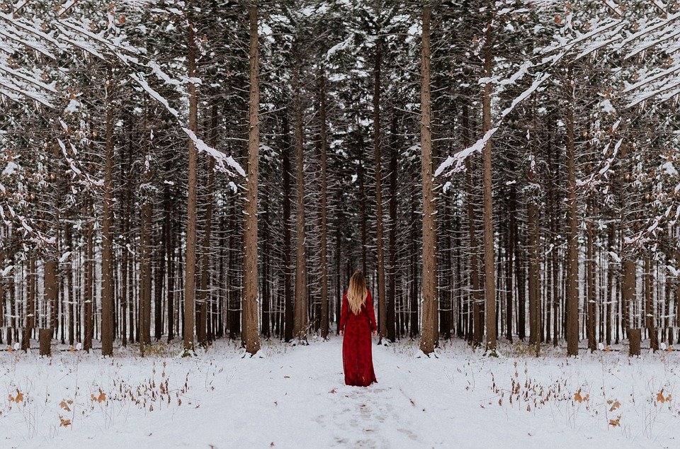 winter solstice woman red dress trees